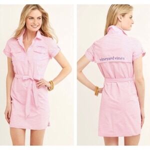 Vineyard Vines Women's Pink Stripe Short Sleeve Collared Shirt Dress Size 8